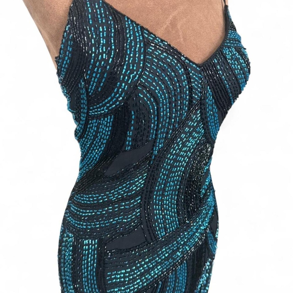Vintage Y2K Avanti Designs Black & Blue Beaded Art Deco Evening Gown Size 4